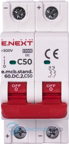 Модульний автоматичний вимикач e.mcb.stand.60.DC.2.C50, 2P, 50А, C, 6kA, DC s081024 E.NEXT