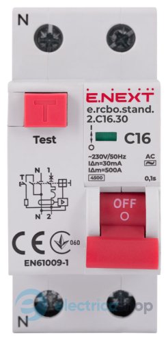 Дифференциальный автомат  e.rcbo.stand.2.C16.30, 1P+N, 16А, С, 30мА s034103 E.NEXT