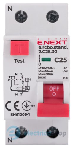 Дифференциальный автомат  e.rcbo.stand.2.C25.30, 1P+N, 25А, С, 30мА s034105 E.NEXT