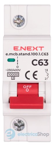 Модульний автоматичний вимикач e.mcb.stand.100.1.C63, 1P, 63А, C, 10kA, s002204 E.NEXT