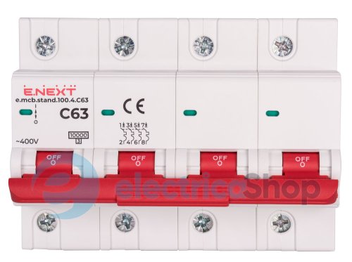 Модульний автоматичний вимикач e.mcb.stand.100.4.C63, 4P, 63А, C, 10kA, s002216 E.NEXT