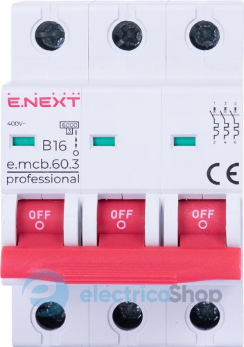 Модульный автоматический выключатель e.mcb.pro.60.3.B 16 new, 3P, 16А, В, 6kA, new p041026 E.NEXT
