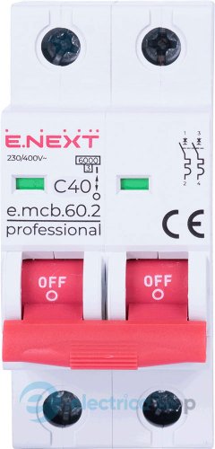 Модульний автоматичний вимикач e.mcb.pro.60.2.C 40 new, 2P, 40А, C, 6kA, new p042021 E.NEXT