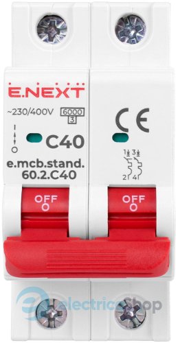 Модульный автоматический выключатель e.mcb.stand.60.2.C40, 2P, 40А, C, 6kA s002121 E.NEXT