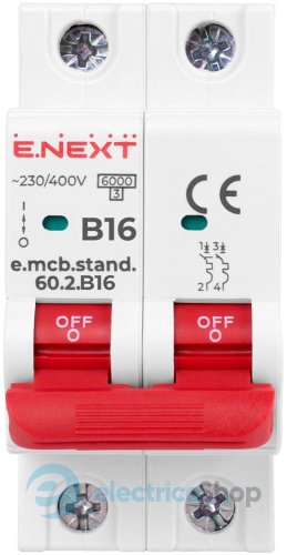 Модульный автоматический выключатель e.mcb.stand.60.2.B16, 2P, 16А, B, 6kA s001117 E.NEXT