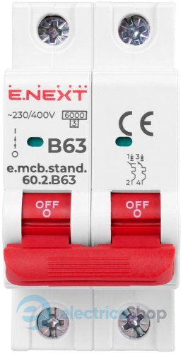 Модульный автоматический выключатель e.mcb.stand.60.2.B63, 2P, 63А, B, 6kA s001123 E.NEXT