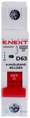 Модульный автоматический выключатель e.mcb.stand.60.1.D63, 1P, 63А, D, 6kA s026116 E.NEXT