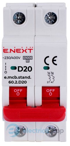 Модульный автоматический выключатель e.mcb.stand.60.2.D20, 2P, 20А, D, 6kA s026127 E.NEXT