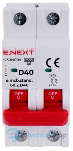 Модульный автоматический выключатель e.mcb.stand.60.2.D40, 2P, 40А, D, 6kA s026130 E.NEXT