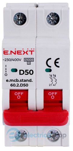 Модульный автоматический выключатель e.mcb.stand.60.2.D50, 2P, 50А, D, 6kA s026131 E.NEXT