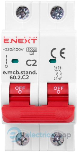 Модульный автоматический выключатель e.mcb.stand.60.2.C2, 2P, 2А, C, 6kA s002141 E.NEXT