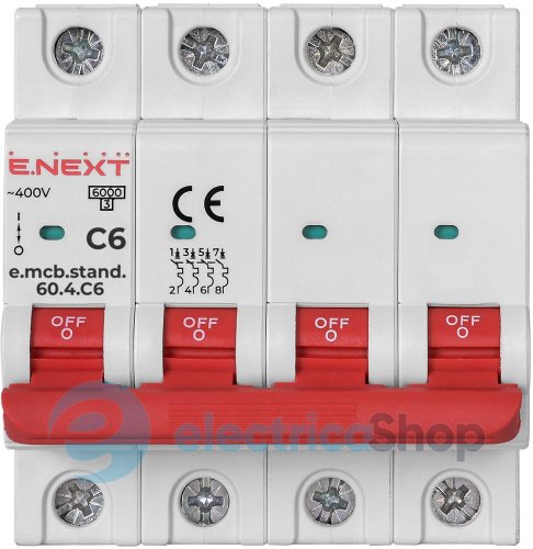 Модульный автоматический выключатель e.mcb.stand.60.4.C6, 4P, 6А, C, 6kA s002160 E.NEXT