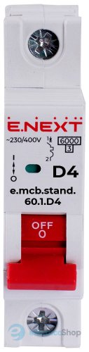 Модульный автоматический выключатель e.mcb.stand.60.1.D4, 1P, 4А, D, 6kA s026104 E.NEXT