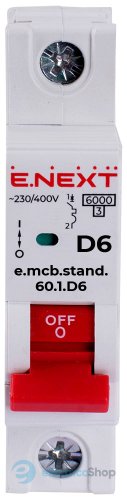 Модульный автоматический выключатель e.mcb.stand.60.1.D6, 1P, 6А, D, 6kA s026106 E.NEXT