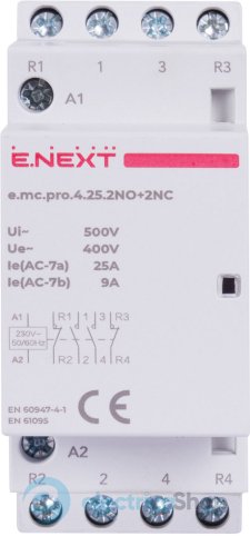 Модульный контактор e.mc.pro.4.25.2NO+2NC, 4р, 25А, 2NO+2NC, 220В p005222 E.NEXT