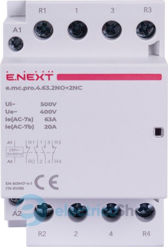 Модульный контактор e.mc.pro.4.63.2NO+2NC, 4р, 63А, 2NO+2NC, 220В p005231 E.NEXT