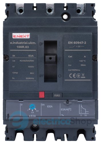 Силовий автоматичний вимикач e.industrial.ukm.100R.63 з регулюванням, 3р, 63А i091003 E.NEXT