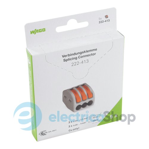Клеммник WAGO 3 (монолитных или многожильных провода) х 0,08-4 мм 32A Cu артикул 222-413