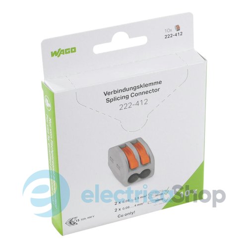 Клеммник WAGO 2 (монолитных или многожильных провода) х 0,08-4 мм 32A Cu артикул 222-412