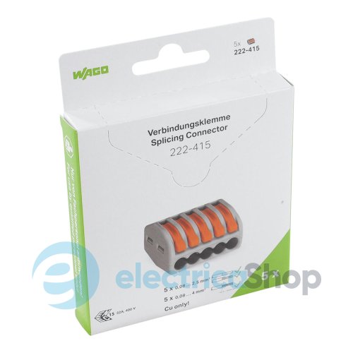 Клеммник WAGO 5 (монолитных или многожильных провода) х 0,08-4 мм 32A Cu артикул 222-415