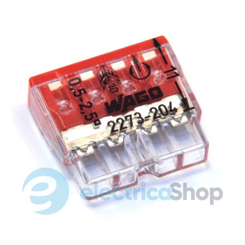 Клеммник WAGO 4 (монолитных) х 0,5-2,5 мм&#178; (24А) Сu артикул 2273-204