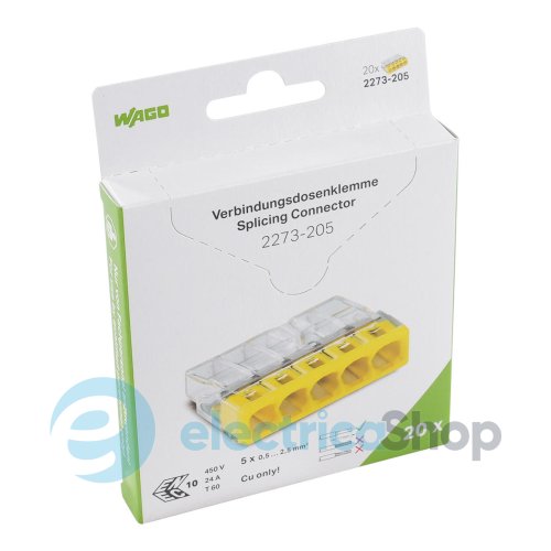 Клеммник WAGO 5 (монолитных) х 0,5-2,5 мм&#178; (24А) Сu артикул 2273-205