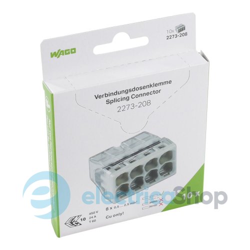 Клемник WAGO 8 (монолітних) х 0,5-2,5 мм2 24А Сu артикул 2273-208