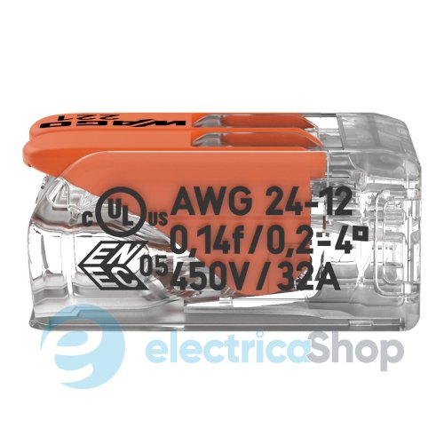 Клемник на 2 виходи 0.2-4.0 мм 32A/400V Cu 221-412 Wago