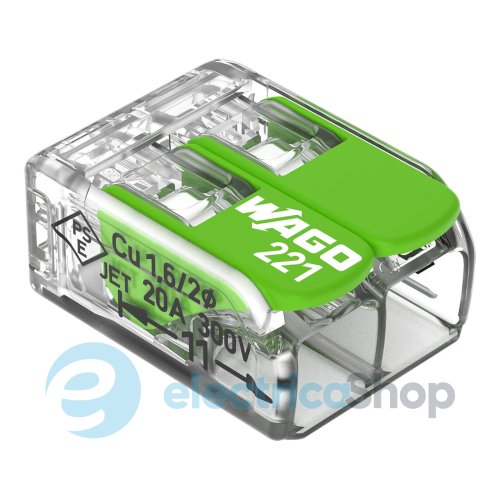 Клемний затискач 2 входи (0.2-4.0 мм.кв) 32А/450V CU, з важелем WAGO 221-422 Green Range