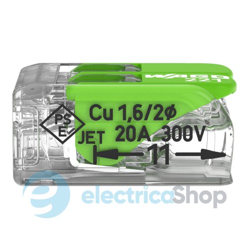 Клемний затискач 2 входи (0.2-4.0 мм.кв) 32А/450V CU, з важелем WAGO 221-422 Green Range