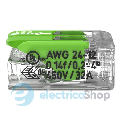 Клемний затискач 2 входи (0.2-4.0 мм.кв) 32А/450V CU, з важелем WAGO 221-422 Green Range