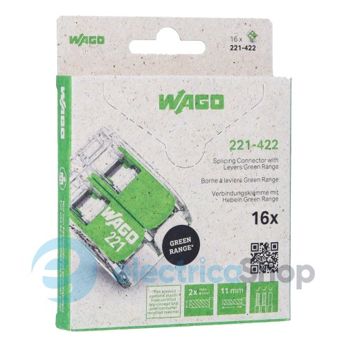 Клемний затискач 2 входи (0.2-4.0 мм.кв) 32А/450V CU, з важелем WAGO 221-422 Green Range