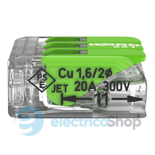 Клемний затискач 3 входи (0.2-4.0 мм.кв) 32А/450V CU, з важелем WAGO 221-423 Green Range