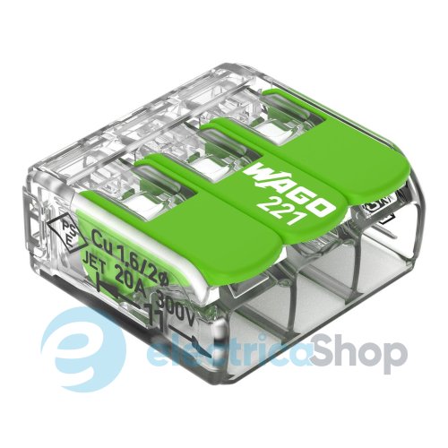 Клемний затискач 3 входи (0.2-4.0 мм.кв) 32А/450V CU, з важелем WAGO 221-423 Green Range