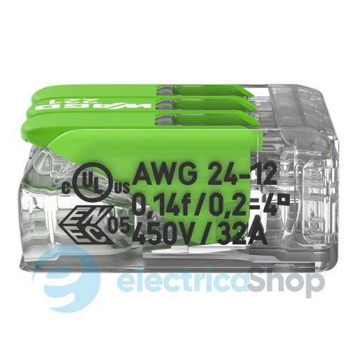 Клемний затискач 3 входи (0.2-4.0 мм.кв) 32А/450V CU, з важелем WAGO 221-423 Green Range