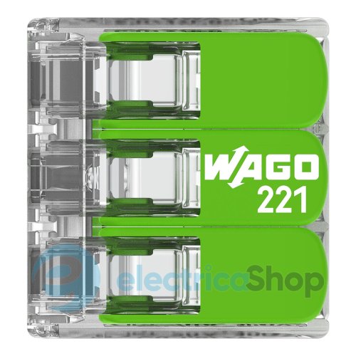 Клемний затискач 3 входи (0.2-4.0 мм.кв) 32А/450V CU, з важелем WAGO 221-423 Green Range