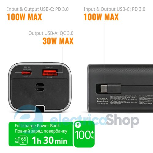 Повербанк VIDEX 20000mAh 165W PD100W +Display VPB-366-G