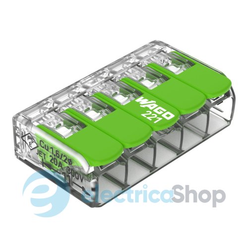 Клемний затискач 5 входи (0.2-4.0 мм.кв) 32А/450V CU, з важелем WAGO 221-425 Green Range