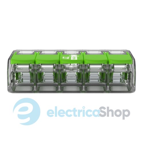 Клемний затискач 5 входи (0.2-4.0 мм.кв) 32А/450V CU, з важелем WAGO 221-425 Green Range