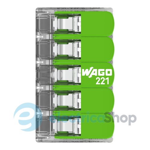 Клемний затискач 5 входи (0.2-4.0 мм.кв) 32А/450V CU, з важелем WAGO 221-425 Green Range
