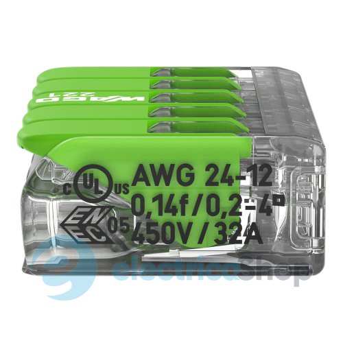 Клемний затискач 5 входи (0.2-4.0 мм.кв) 32А/450V CU, з важелем WAGO 221-425 Green Range