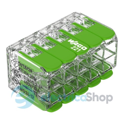 Клемний затискач 10 входів (0.2-4.0 мм.кв) 32А/450V CU, з важелем WAGO 221-430 Green Range