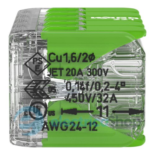 Клемний затискач 10 входів (0.2-4.0 мм.кв) 32А/450V CU, з важелем WAGO 221-430 Green Range