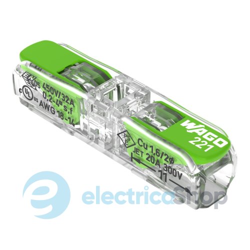 Клеммный зажим 2 входа (0.2-4.0 мм.кв) 32А / 450V CU, с рычажком WAGO 221-2421 Green Range