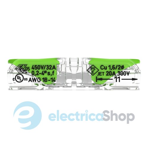 Клеммный зажим 2 входа (0.2-4.0 мм.кв) 32А / 450V CU, с рычажком WAGO 221-2421 Green Range