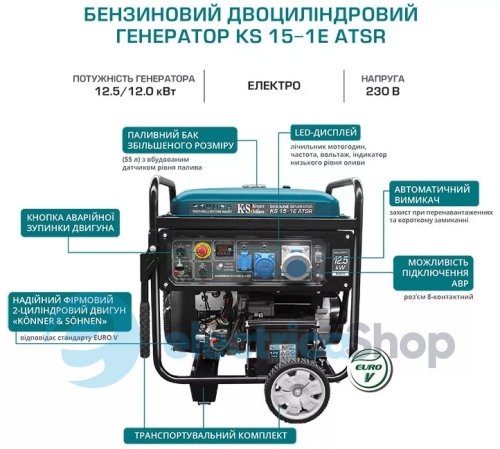 Бензиновый генератор двоциліндровый 12,5кВт/230V Könner&Söhnen KS 15-1E ATSR, ручной/електро/авто запуск