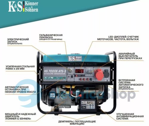 Бензиновый генератор 5,5кВт/400V Könner&Söhnen KS 7000E-3 ATS, ручной/електро/авто запуск