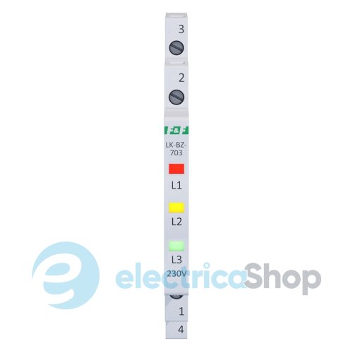 Индикатор напряжения 3×230V/AC+N, 3хLED, DIN,, встроенный предохранитель,, F&F LK-BZ-703K, красный, зеленый, желтый