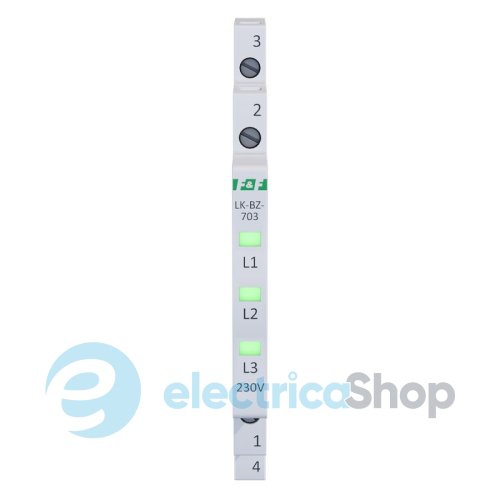 Индикатор напряжения 3×230V/AC+N, 3хLED, DIN,, встроенный предохранитель,, F&F LK-BZ-703G, зеленый
