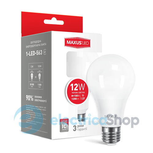 Светодиодная лампа MAXUS LED A65 12W 3000K 220V E27 (1-LED-563)